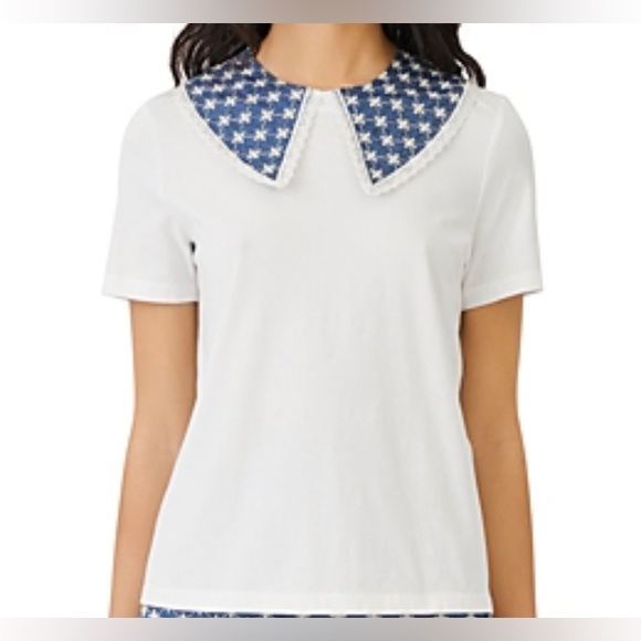 Maje Tops - Maje Tipem white Jersey Tee with Embroidered denim Collar